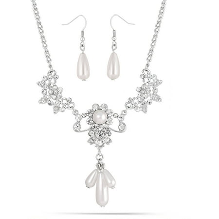 Silver-Tone, Crystal and Pearl Drop Necklace and Earring Set, 16-1/2