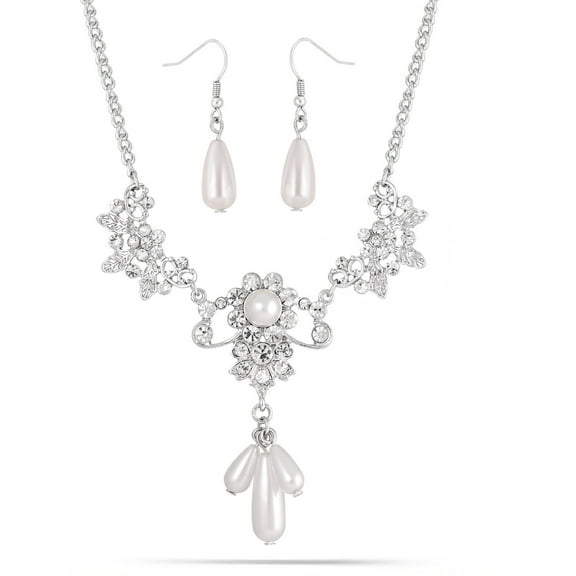 Silver-Tone, Crystal and Pearl Drop Necklace and Earring Set, 16-1/2"