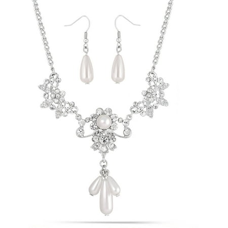 Heavenly Pearl Set - Silver-Tone, Crystal and Pearl Drop Necklace and Earring Set, 16-1/2
