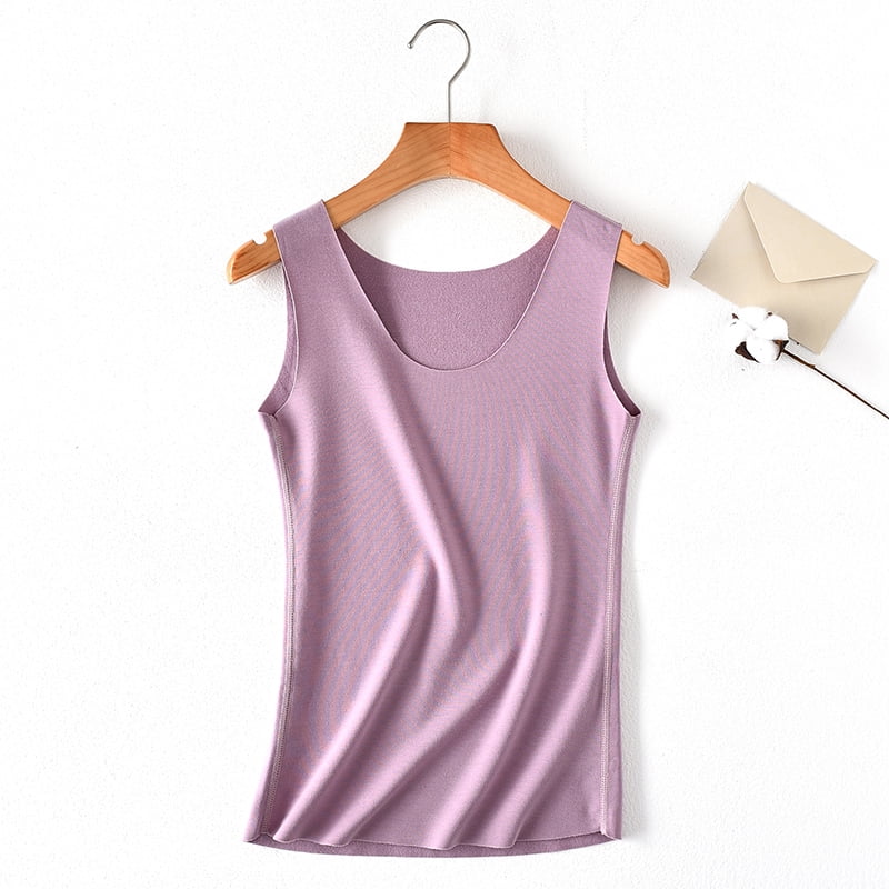 Women Tank Top Solid Color Stretch Seamless Thermal Warm Lined Round ...