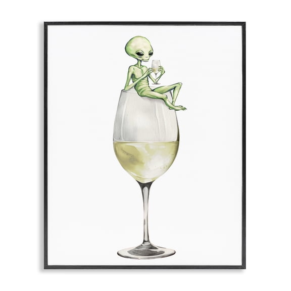 Stupell Industries Alien Perched on Champagne Glass Food & Beverage Painting Black Framed Art Print Wall Art, 11 x 14
