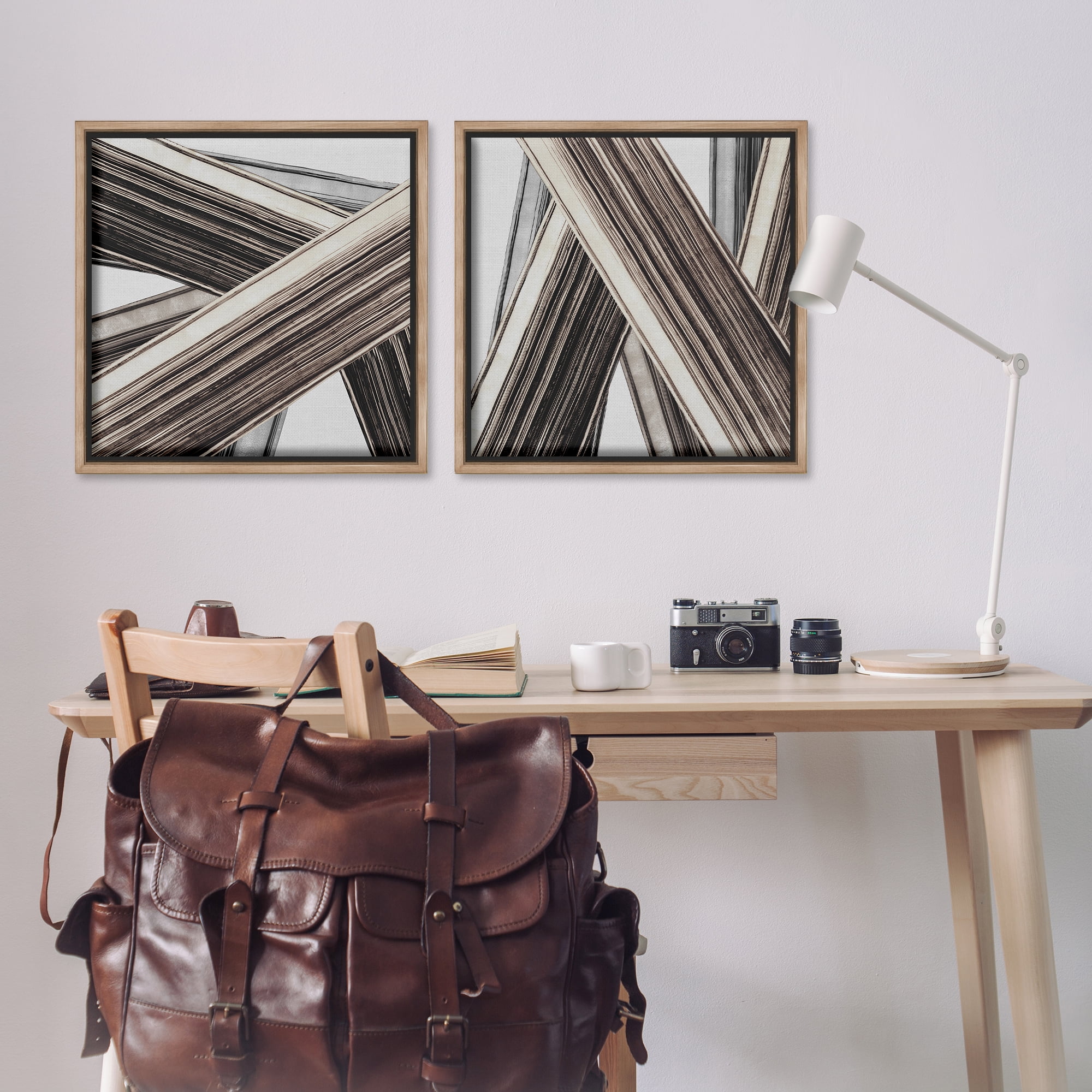 Stupell Industries Industrial Linear Crisscross Abstract Painting Brown Floater Framed Canvas Art Print Wall Art, 25 x 25, Set of 2