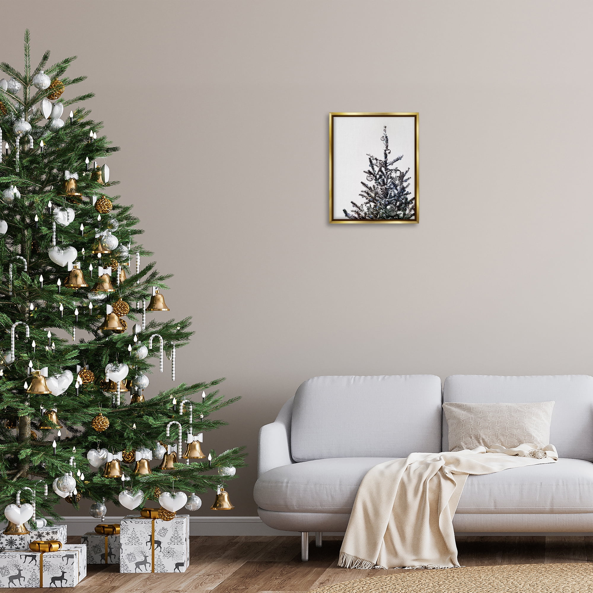 Stupell Industries Christmas Tree Disco Balls Holiday Painting Gold Floater Framed Art Print Wall Art, 17 x 21