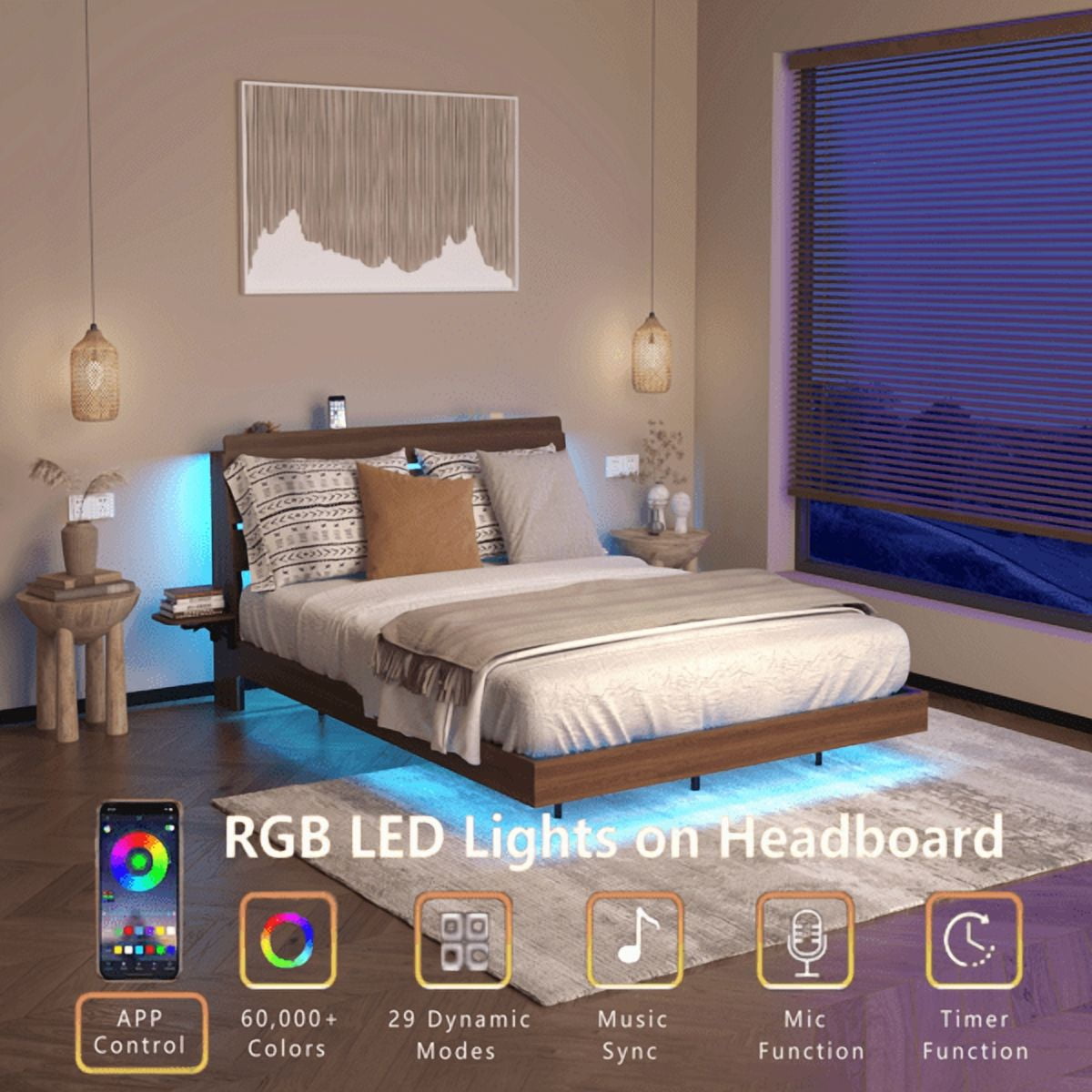 Queen Size Floating Bed Frame with LED Lights and Charging Station, Walnut Wood Platform Bed with Storage Headboard, Modern No Box Spring Needed Bed Base