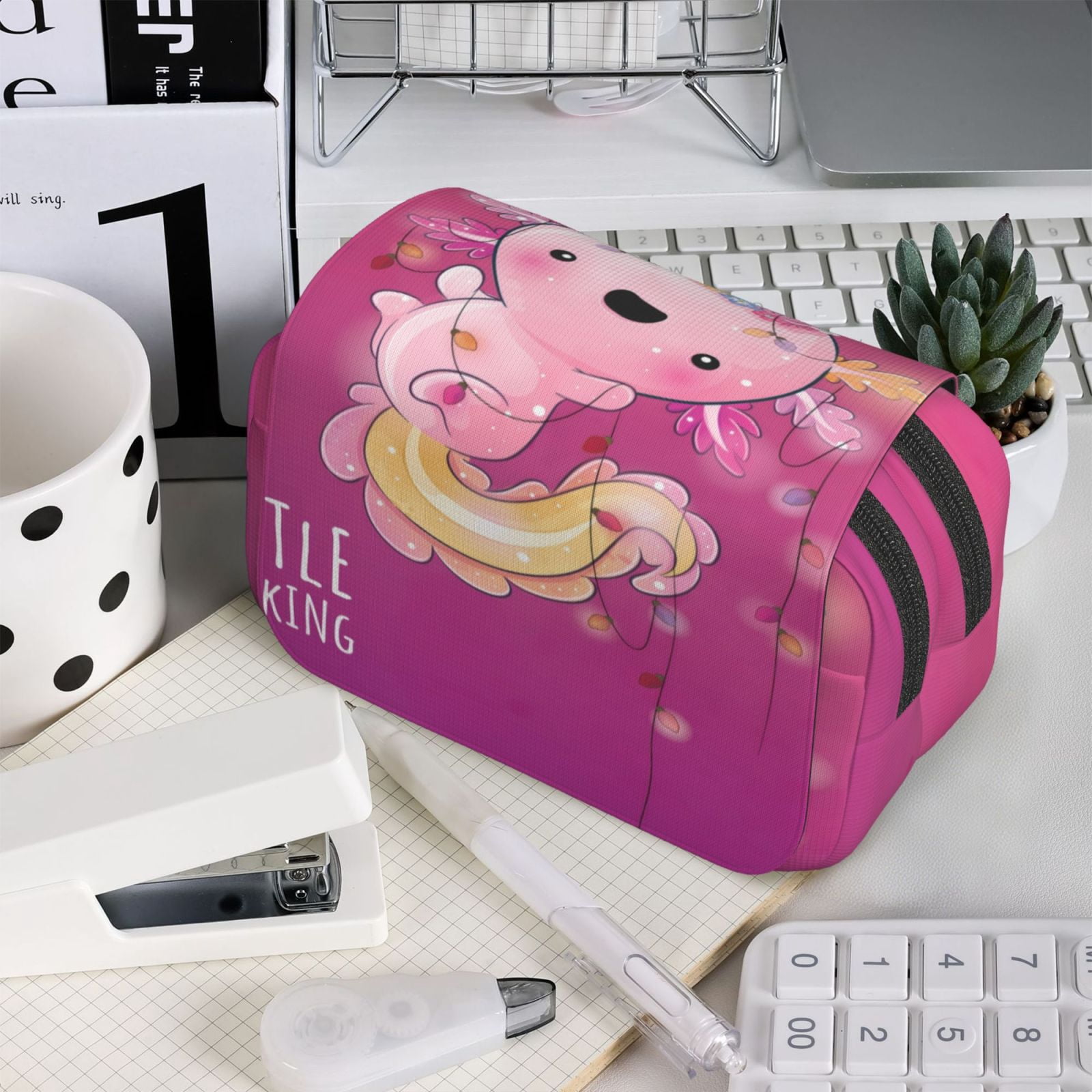 Rateoe Cute Pink Axolotl A Pattern Double Clamshell Pen Case, Storage Organizer with Two Zipper Compartments– Holds Up to 50 Pencils & Pens