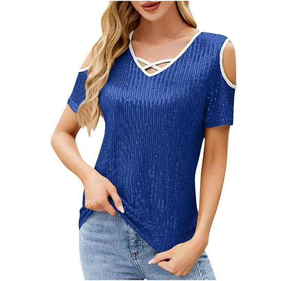 Sequin Tops for Women Summer Cold Shoulder Short Sleeve Blouses Cross V Neck Color Block Dressy Casual Shirts (XL, Blue)
