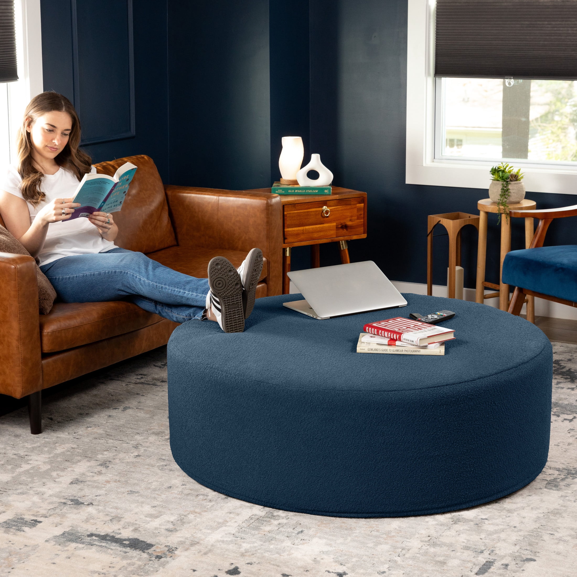 Jaxx Candler Round Coffee Table Ottoman, Oversized, 44-Inch, Boucle Dark Navy