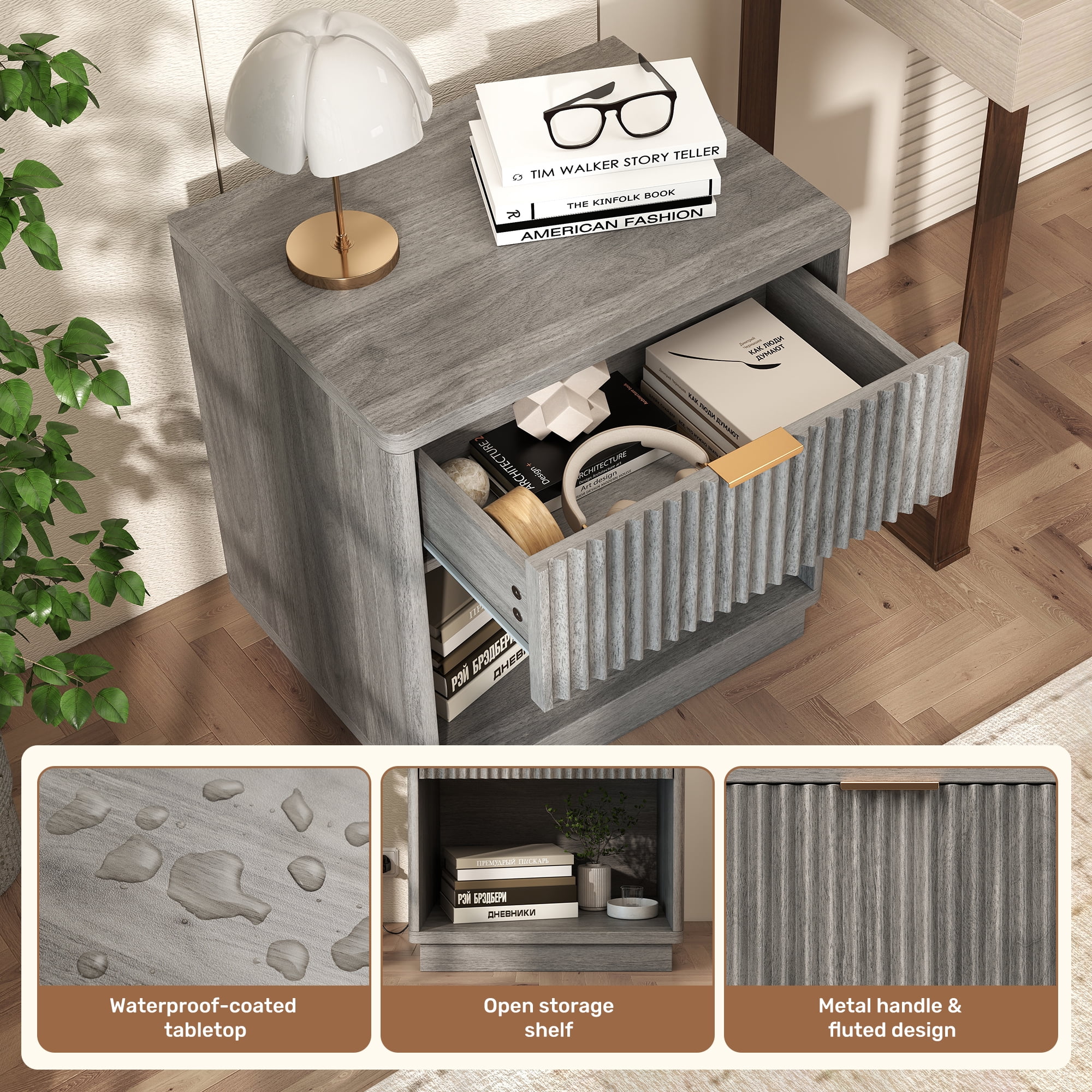 MOONMISS Wooden Nightstand Set of 3,with Drawer,USB Charging and LED Light,Grey