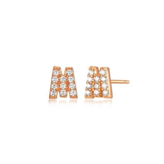 Forever Facets "M" CZ Earrings in Rose Gold over Sterling Silver, Adult Female