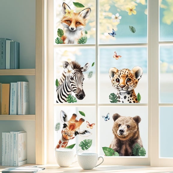 Colorful Static Window Clings Giraffe and Brown Bear 1 Sheet Reusable Window Decals for Glass 47.24" x 11.8" Removable Double Sided Window Sticker for Room Office Home Decoration