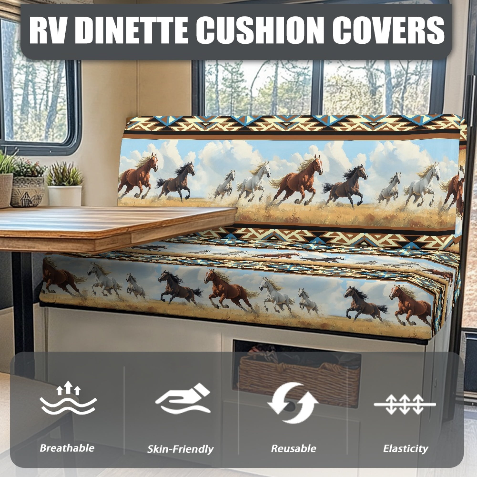 Yuyamidu Southwest Aztec Horse RV Dinette Cushion Covers Comfy RV Sofa Seat Slipcovers Elastic Camper Couch Cushion Covers Include 1 Bench Cover 1 Backrest Cover RV Accessories