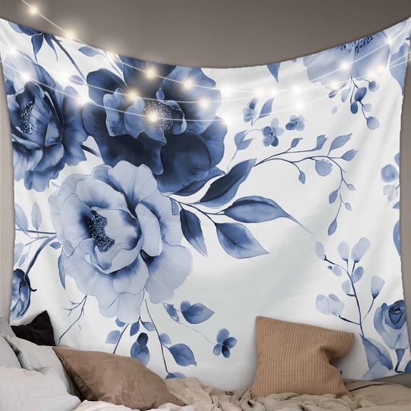 Blue Floral Art Tapestry for Bedroom Wall Hanging Tapestry, Watercolor Botanical Spring Flowers Ceiling Backdrop Tapestries Poster Blanket Wall Decor for Teens Room Living Room Dorm 51" x 59"
