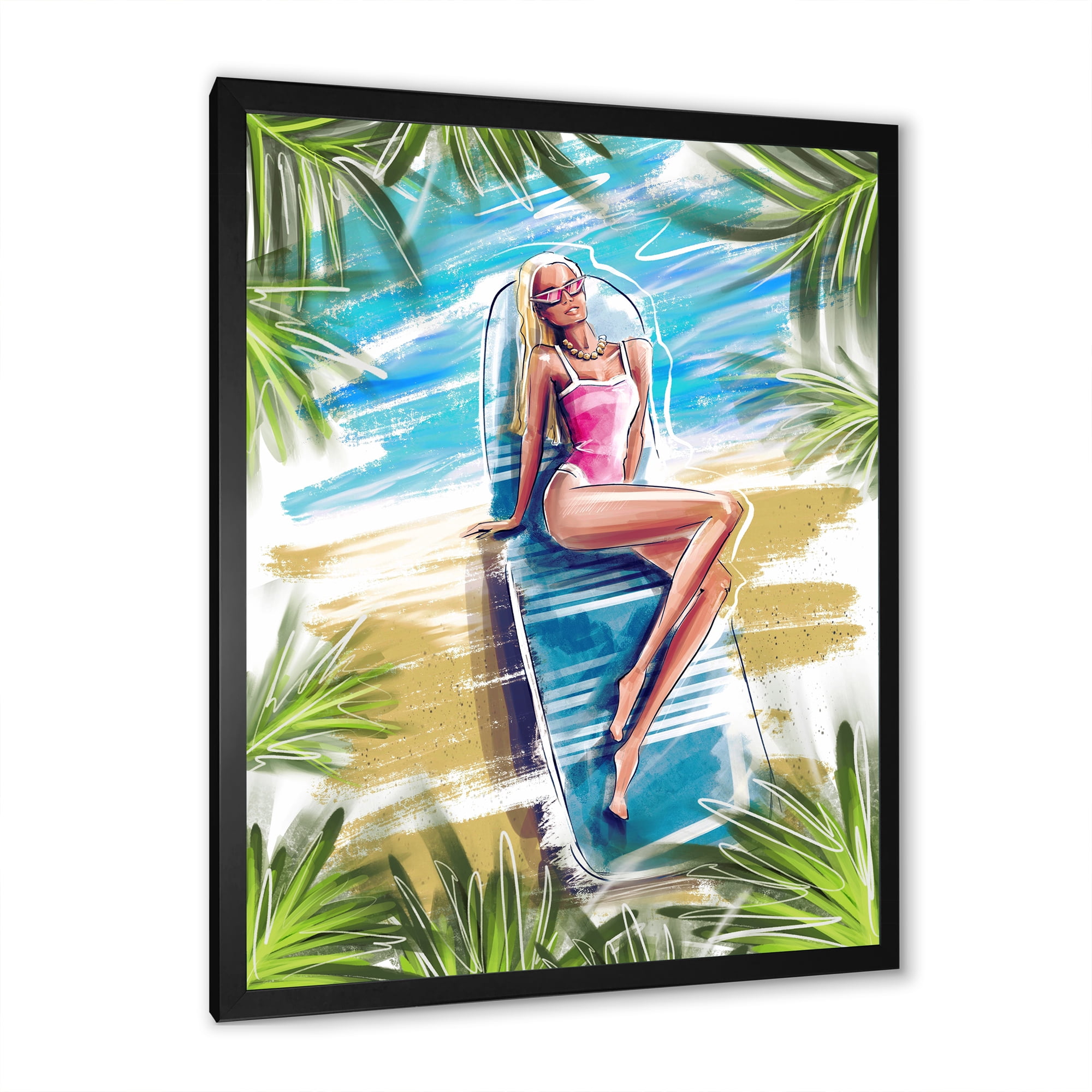 Designart 'Portrait Beautiful Blond Model At The Beach Sunbathing' Nautical & Coastal Framed Art Print
