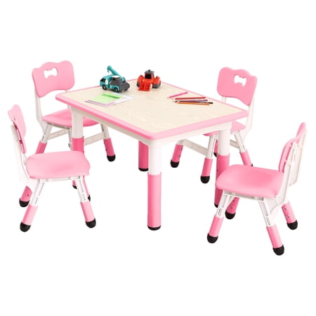 Children Table and 4 Chairs Set Multifunctional Desk Height Adjustable Graffiti Desktop Easy Wipe Ergonomic Design for Ages 2-10