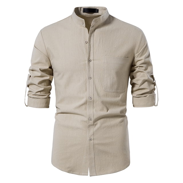 Camisa de lino y algodón para hombre de primavera y verano, camisa informal de manga larga con cuello levantado Pompotops oipoqjl47523