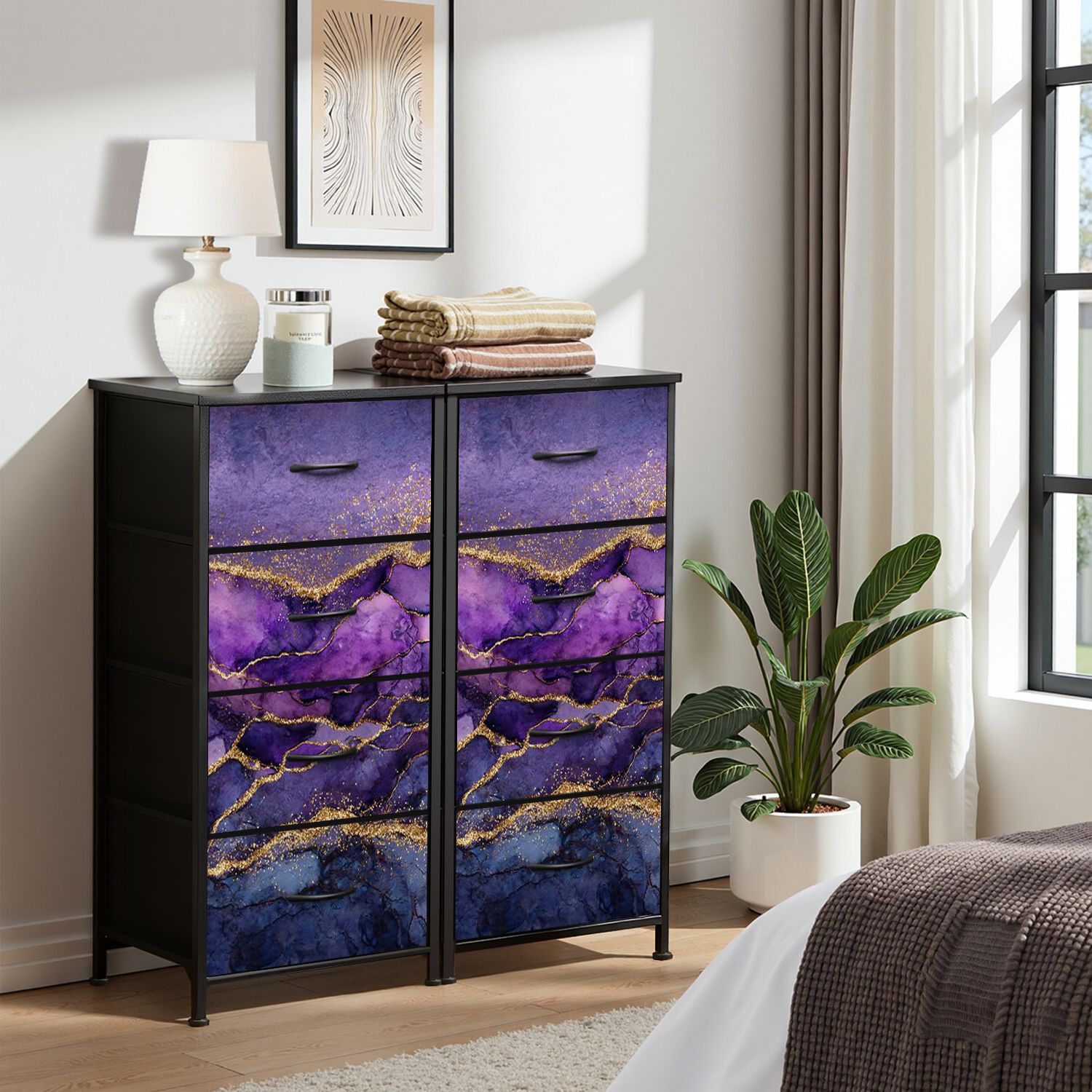 Boho Dresser for Bedroom with 4 Storage Drawers abstract marbling purple marble golden veins fake painted Dressers Chest of Drawers Steel Framed Fabric Closet Organizers for Entryway