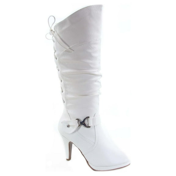 Page-65 Women's Back Lace Up Round Toe High Heel Platform Mid-Calf Knee High Boots ( White, 11)
