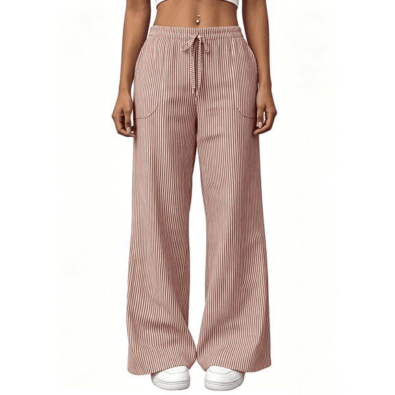 Busydd Linen Pants Women with Vertical Stripes Casual Straight Leg Elastic Waist Pants for Women S
