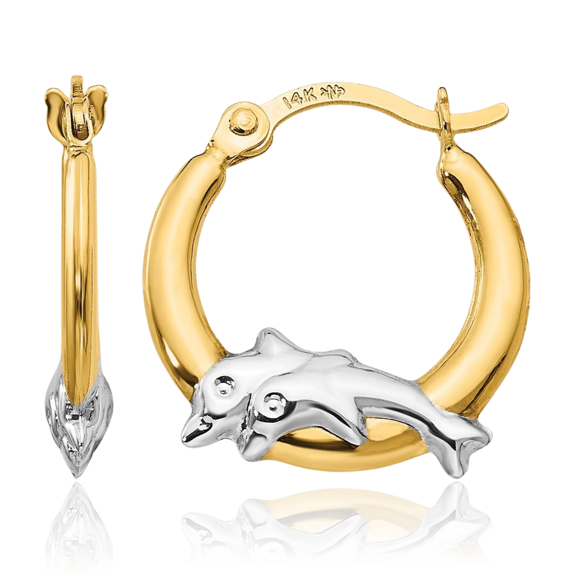 14K Solid Yellow Gold Sea Dolphin Ocean Fish Beach Nautical Huggie Small Hoop Earrings