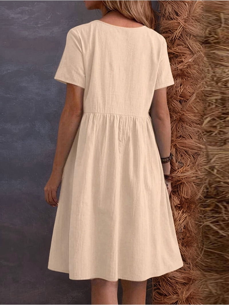 knee length dresses for ladies Apricot Linen Shoulder Tie Dress main image 1