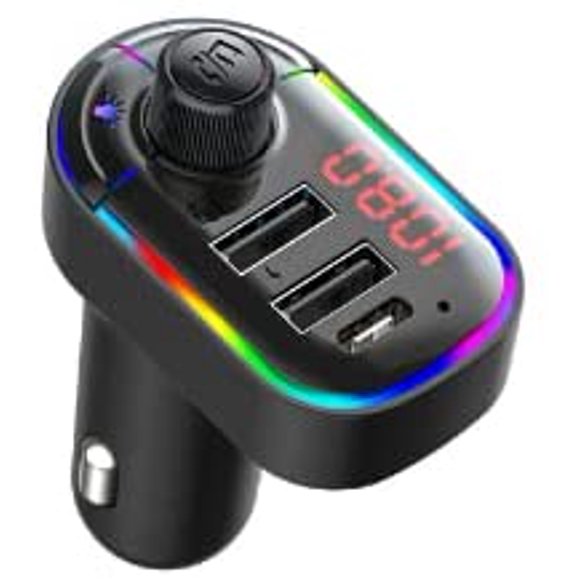 FM Transmitter Adapter for Car, RGB Ambient Light Bluetooth 5.0 Wireless Car MP3 Player Handsfree Car Kit with Dual 3.1A USB Type C Charger