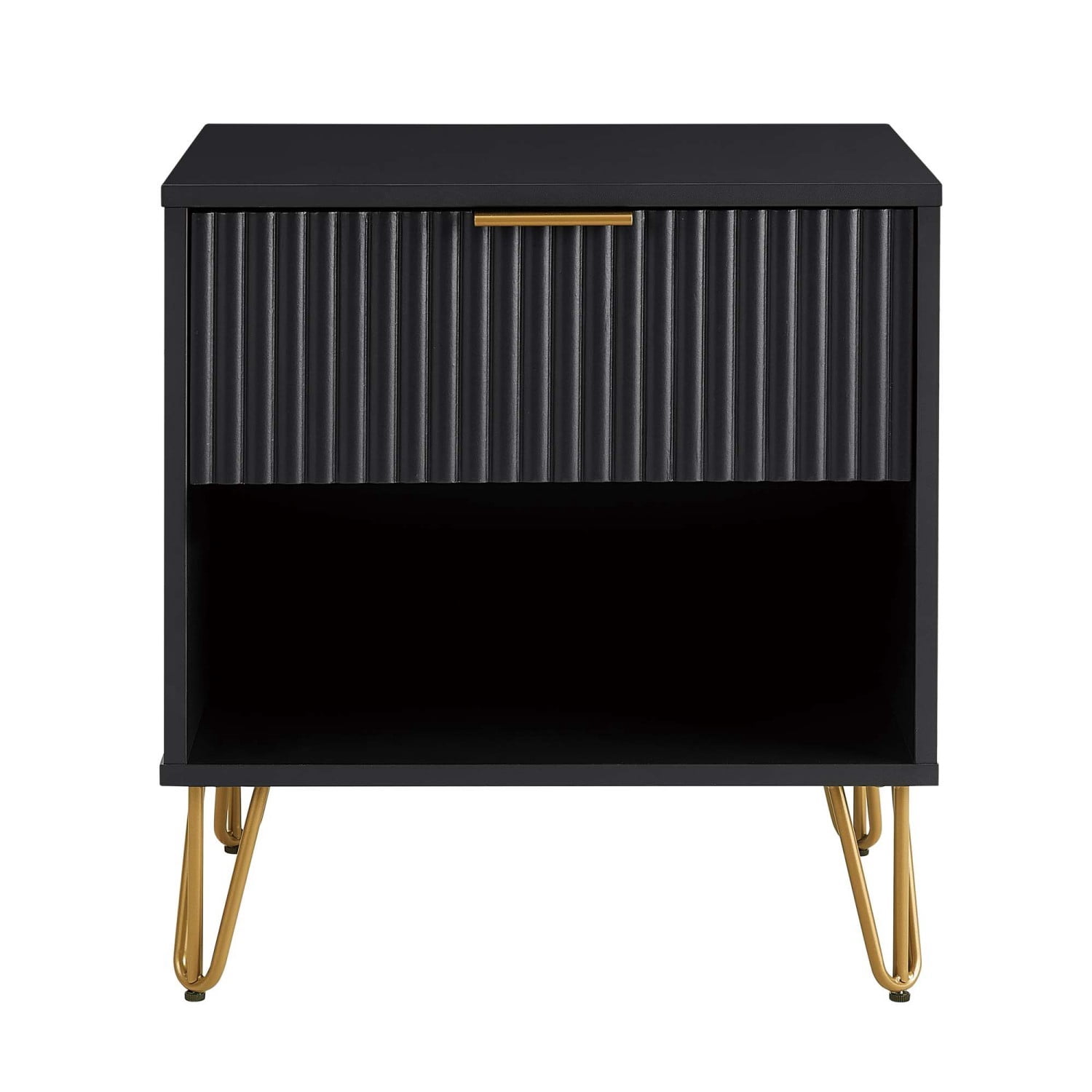 Nightstand, Modern Glam Bedside Table with 1 Drawer, Vertical Ribbed Texture, Gold Handle and Splayed Metal Legs, Storage End Table for Bedroom Living Room, Black