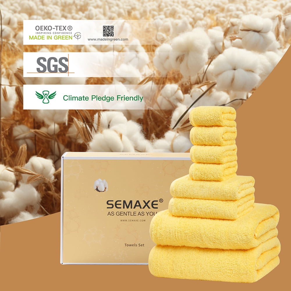 SEMAXE 8-Piece Cotton Towel Set for Bathroom. 2 Bath Towels , 2 Hand Towels & 4 Washcloths.Yellow.