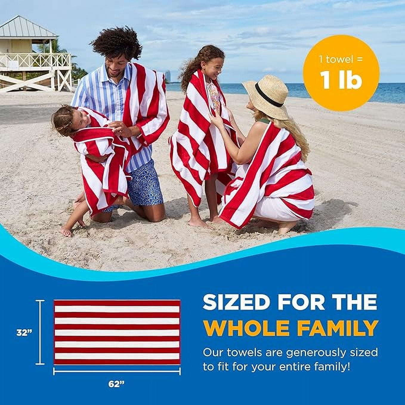 Kaufman - 32" x 62" Red Joey Velour Cabana Stripe Multicolor Beach Towel, 4-Pack, 100% U.S.A. Cotton