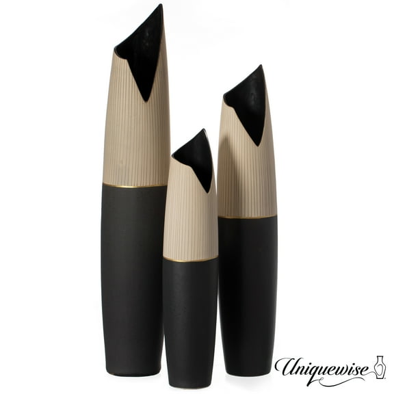 Tall Freestanding Ceramic Floor Vase - Handcrafted Beige Polka Dot Striped Top and Black Bottom, Large Waterproof Vase