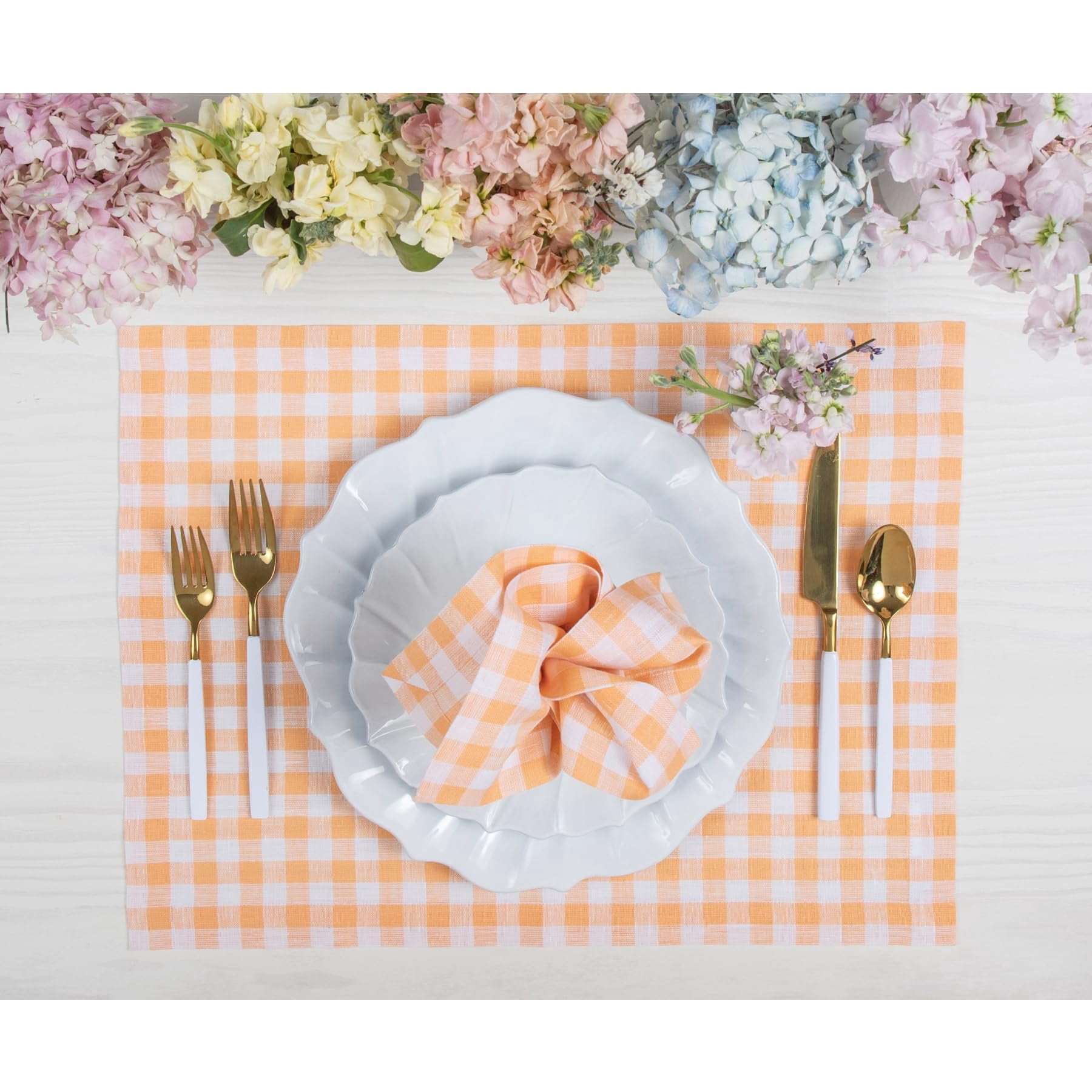 Linen Placemats Set of 4 - 100% Pure Linen Sunny Orange Cloth Place Mats 14 x 19 Inch - Gingham Check