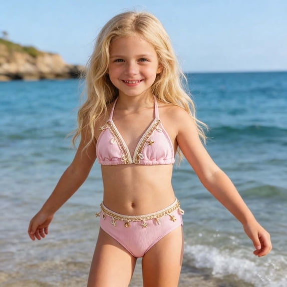CUZIBR Girls Swimsuit Two Piece Solid Color Bikini Set Adjustable Spaghetti Strap Tops And Bottom Swimwear For Ages 7 Bathing Suit,Pink,7-8 Years