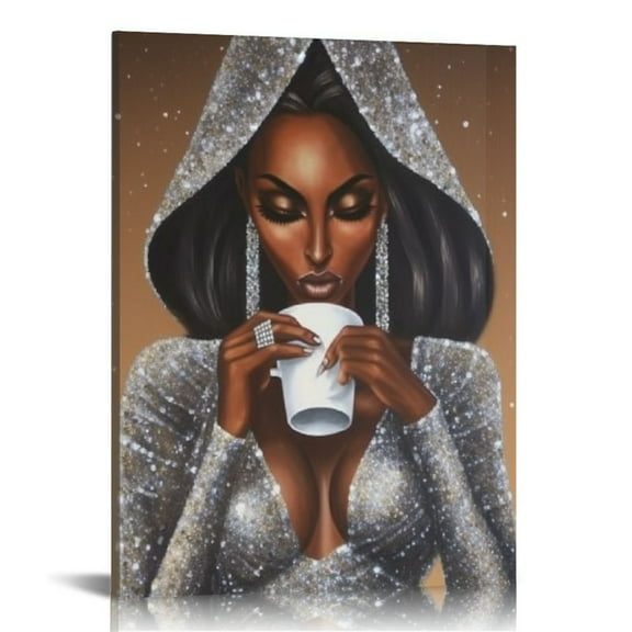 JEUXUS African American Black Woman Silver Glitter Textured HD Canvas Wall Art Print Poster,Sparkly Women's Wall Decor Fashion Female Paiting Canvas for Living Room Bedroom Bathroom Home ,16x20in