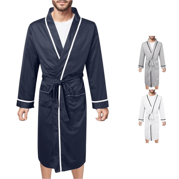 XIAOCHA Mens Solid Robe Long Sleeve Piping Trim Belted Night Robe With Pockets