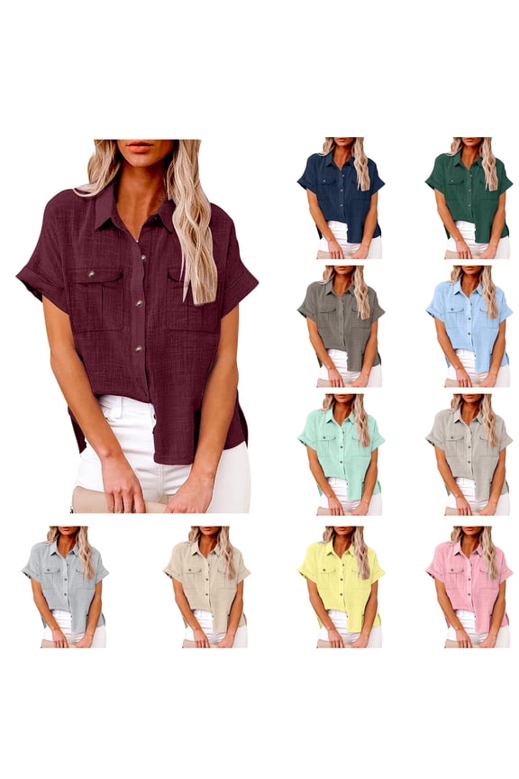 Casual Shirts for Women, Lapel Button Front Short Sleeve Blouse with 2 Pockets Daily Wear Ladies Top