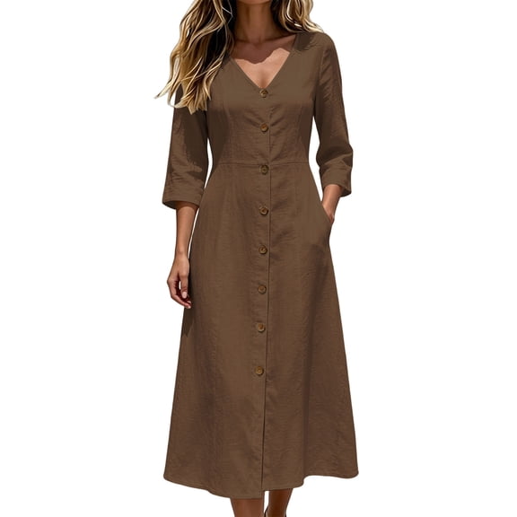 CHGBMOK Cotton Linen Dresses for Women 3/4 Sleeve V Neck Button Down Dress Cinched Waist Flared Fall Maxi Dress