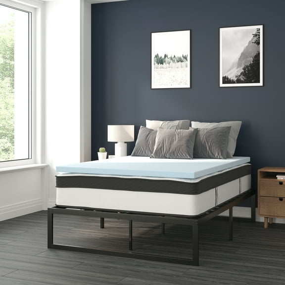 Flash Furniture Leo 14 Inch Metal Platform Bed Frame with 12 Inch Pocket Spring Mattress in a Box and 2 Inch Cool Gel Memory Foam Topper - Full