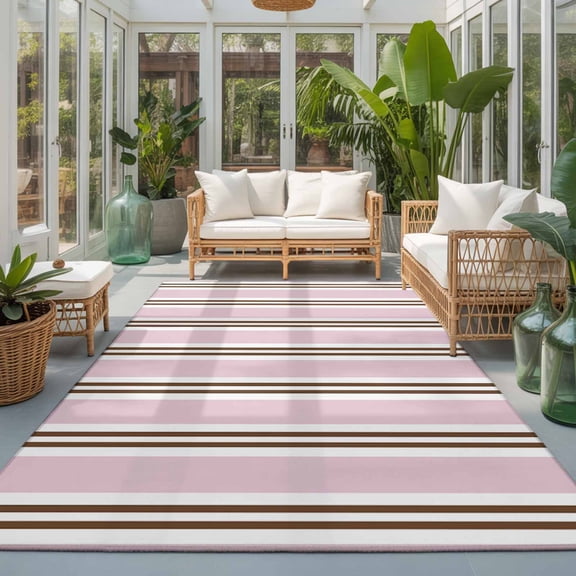 Pink Stripes Washable Living Room Rugs 9'x12', Brown White Dusty Rose Lines Sweet Modern Washable Throw Large Area Rug Non-Slip Sturdy Edge Binding Carpet for Bedroom Dining Room Office