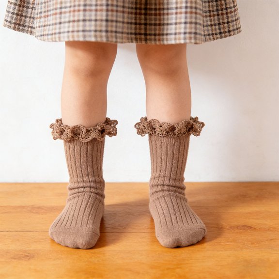 Kids Sock for Everyday Casual Wear Solid Color Mid-Cut Knit Socks Tailored for 1-8 Years Comfortable Elastic Fit Suitable for School and Outdoors, 5-8 Years, Khaki