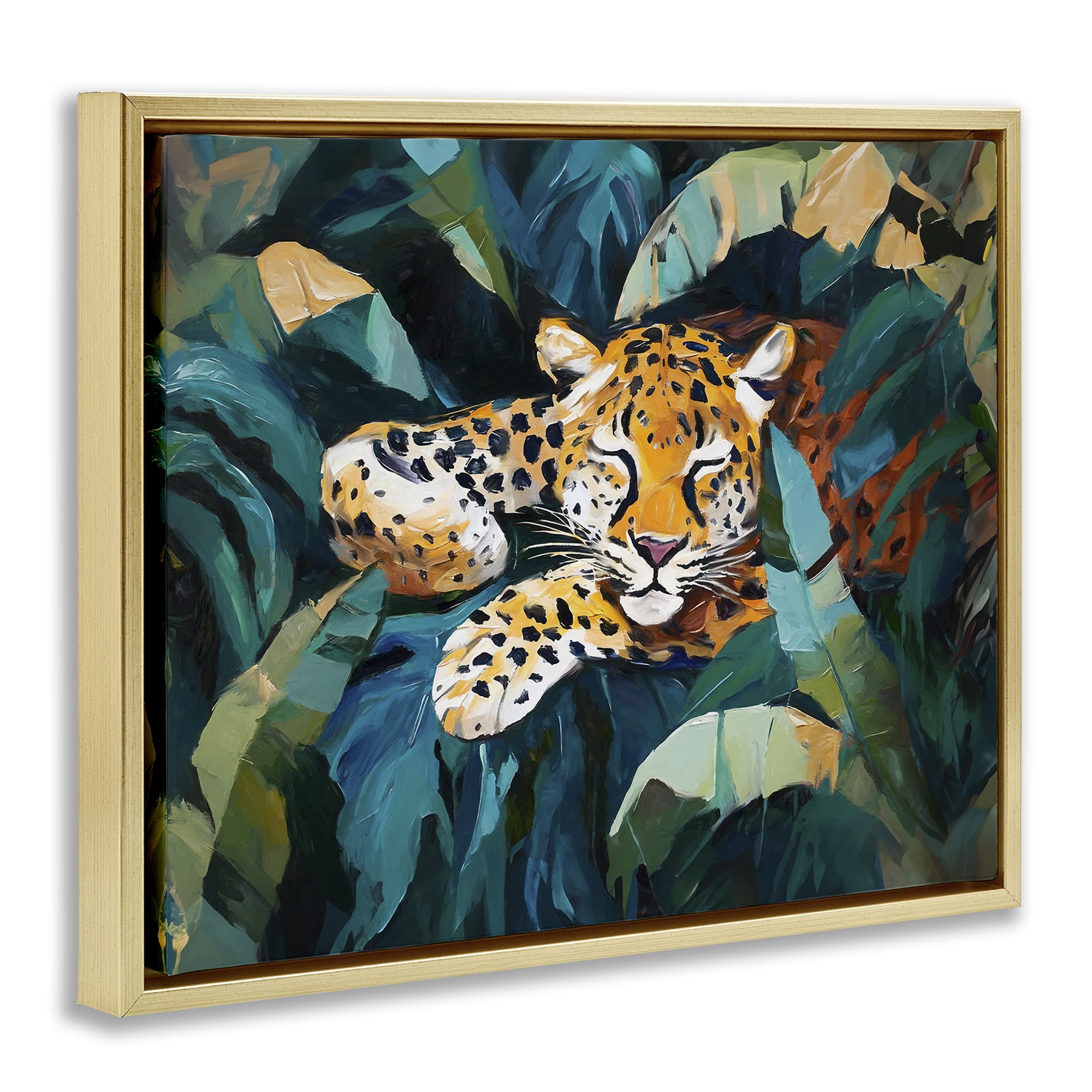 Stupell Industries Leopard Sleeping in Leaves Animals & Insects Painting Gold Floater Framed Canvas Art Print Wall Art, 31 x 25