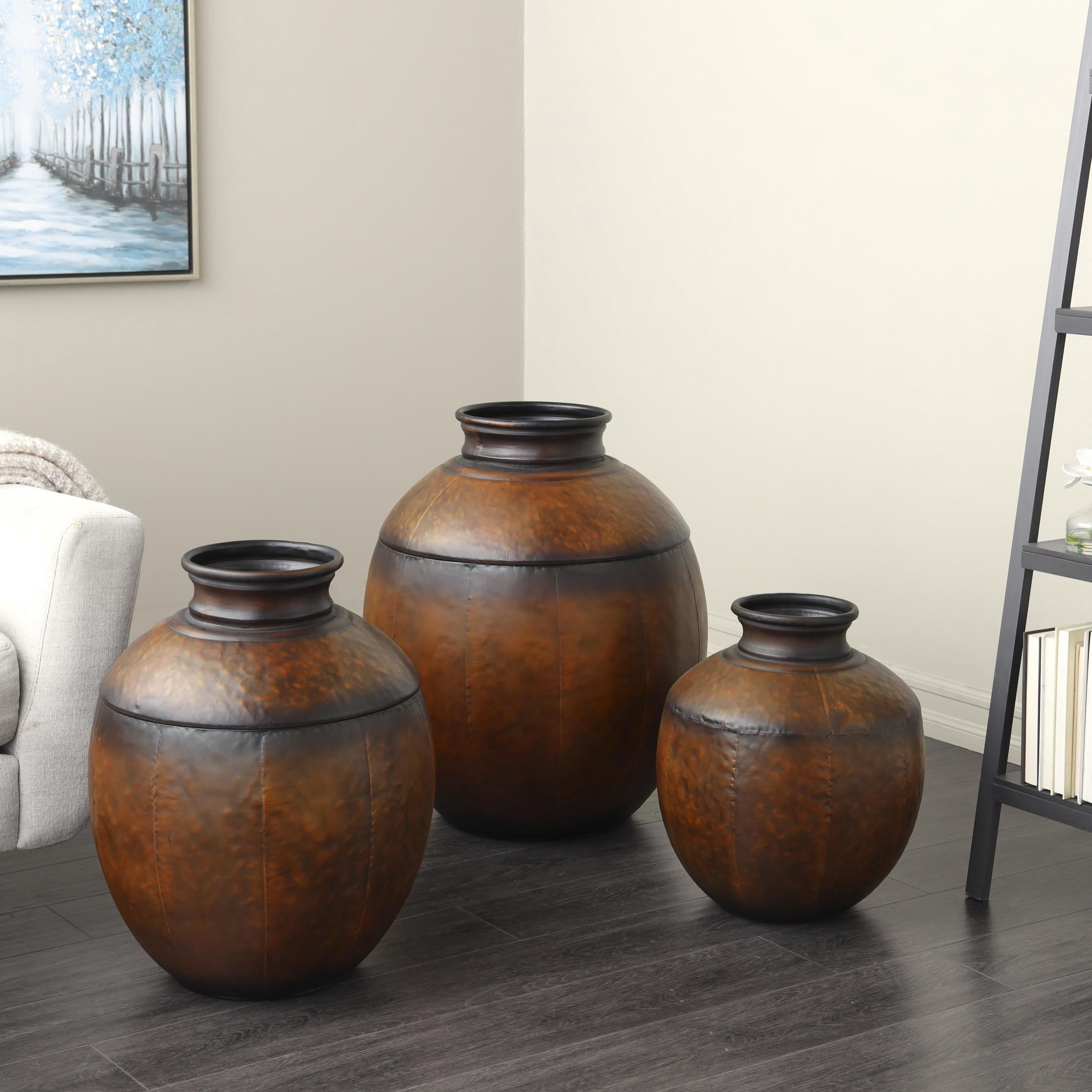 DecMode 26", 22", 17"H Antique Style Round Pot Floor Brown Metal Vase, Set of 3