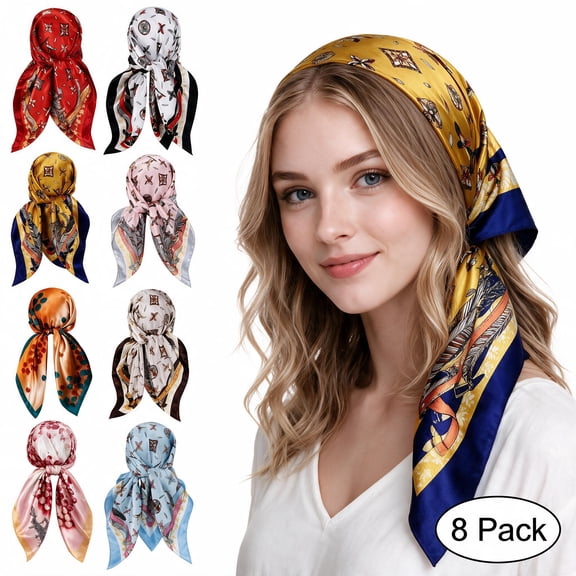 8 Pack Printed Satin Large Square Scarves, European American Fashion Head Wraps, Multi-use Bandana Shawl Neck Scarves for Women Daily Styling