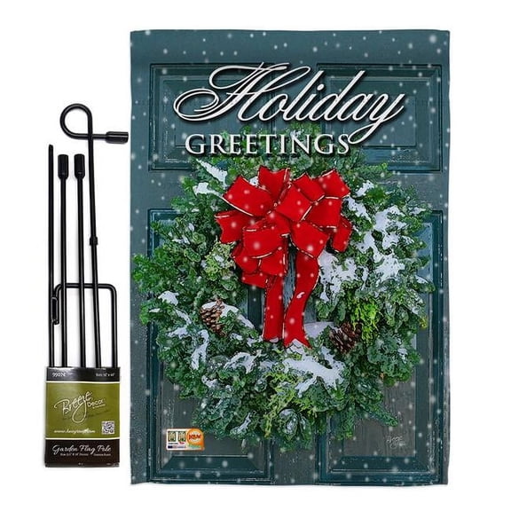 Breeze Decor BD-WT-GS-114138-IP-BO-D-US17-AM 13 x 18.5 in. Holiday Greeting Wreath Winter Wonderland Impressions Decorative Vertical Double Sided Garden Flag Set with Banner Pole