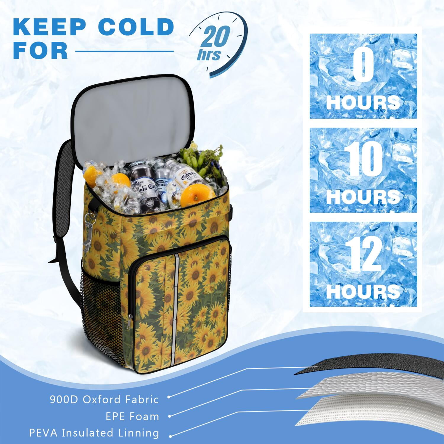 Travel Cooler Bag - Sunflower Camping Beer Cooler Backpack with Bottle Opener- Waterproof Insulated Picnic Backpacks - Cooler Bag for Beach
