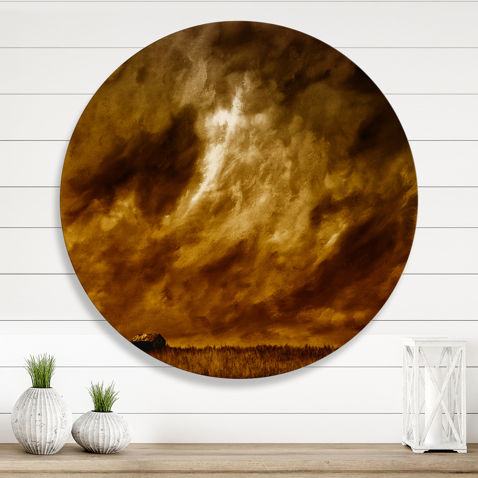 Designart 'Desert Farmhouse Under Cloudy Sky II' Farmhouse Circle Metal Wall Art 11x11 - Disc of 11