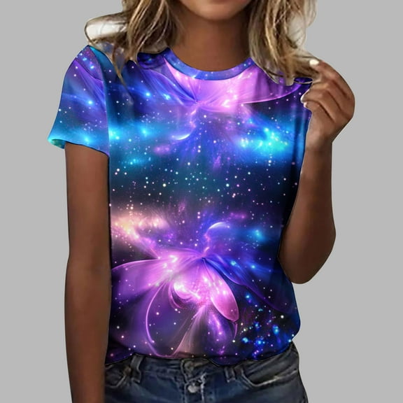 Tops for Women Plus Size under $5 Clearance Crewneck Short-Sleeved Printed T-Shirt Multicolor L