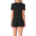 thumbnail image 3 of INSPIRE CHIC Womens Pajama Set Soft Short Sleeve Shorts Set Crewneck Ruffle Lounge Set with Pocket L Black, 3 of 6
