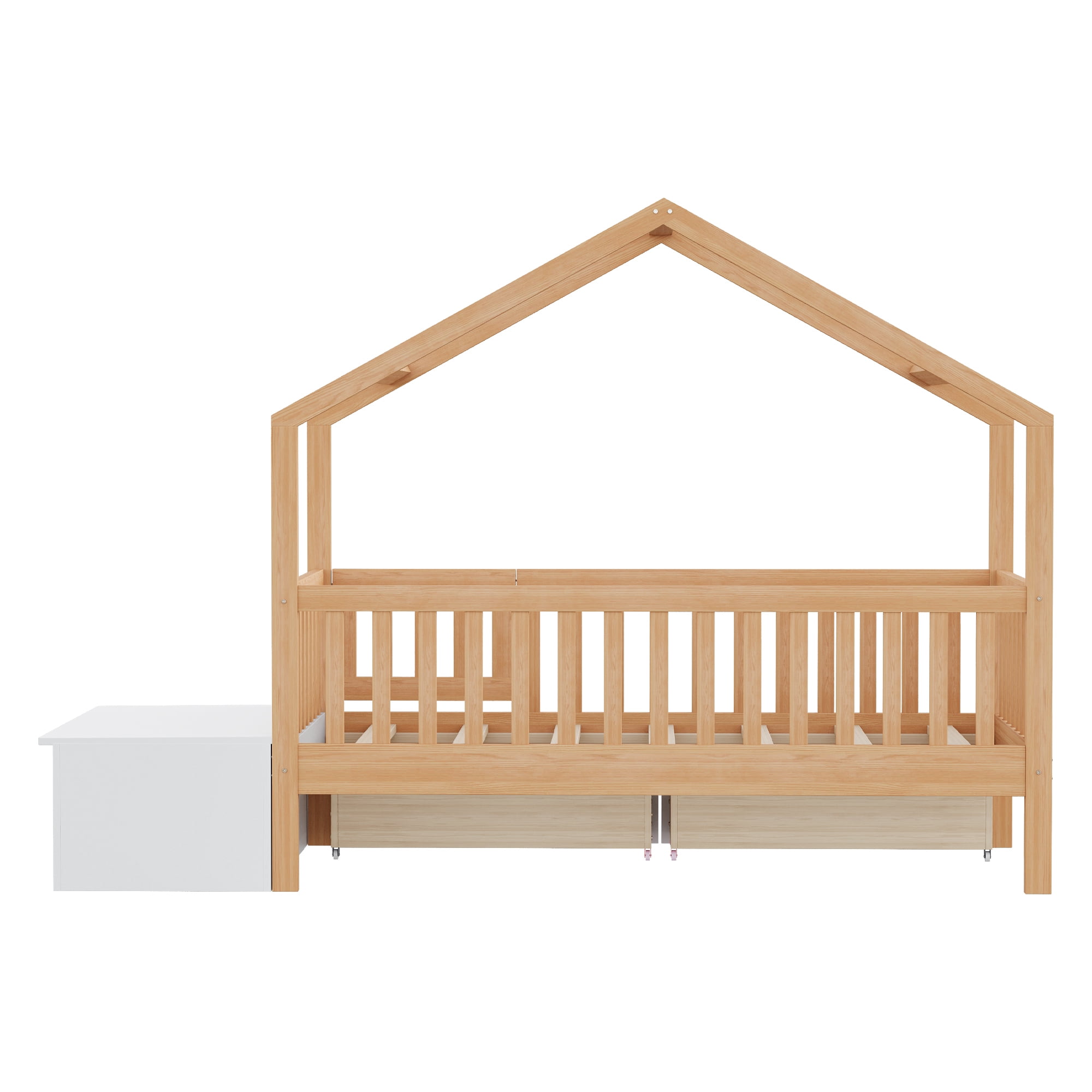 Euroco Wood Toddler House Bed with Drawers and Lift Up Chest, Natural Wood