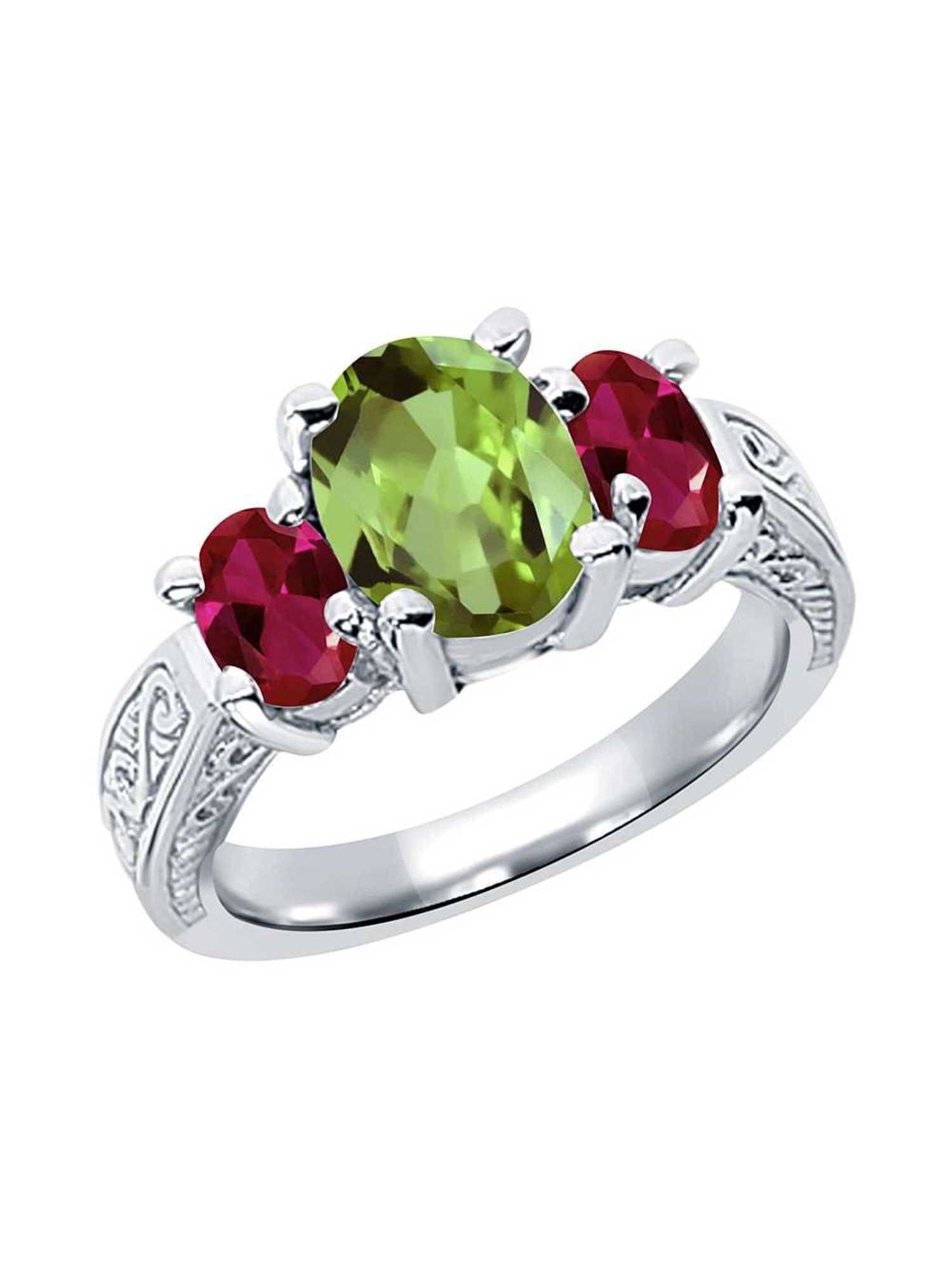 3.5 Ct Peridot & Ruby Oval Ring .925 Sterling Silver 