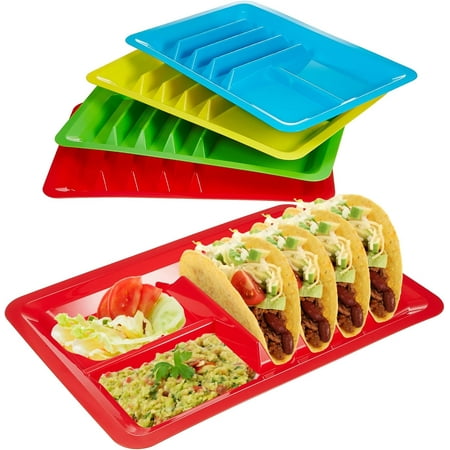 **4 pcs plastic taco plates for mexican party fiesta taco holder with 4 stand up holder and 2 dipping areas colorful taco trays for taco night, taco tuesday microwave dishwasher safe