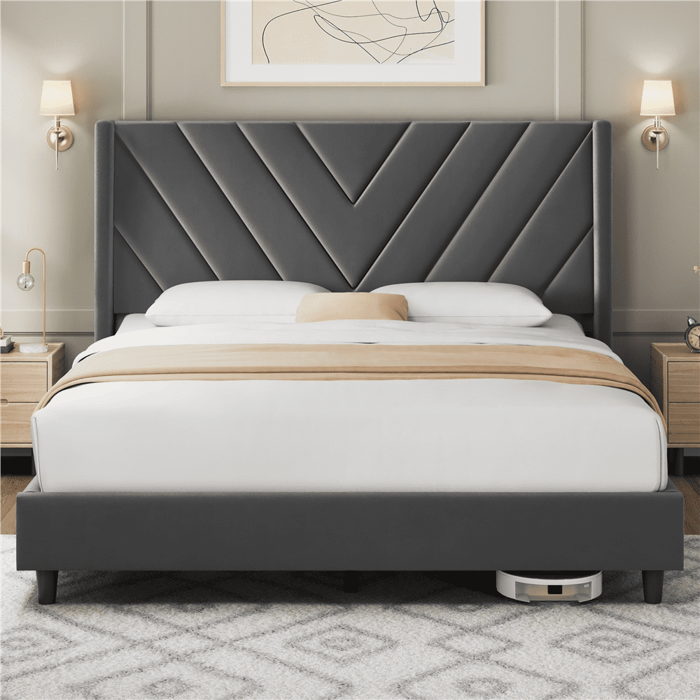 Renwick Queen Size Upholstered Platform Bed with Slat Support, Dark Gray